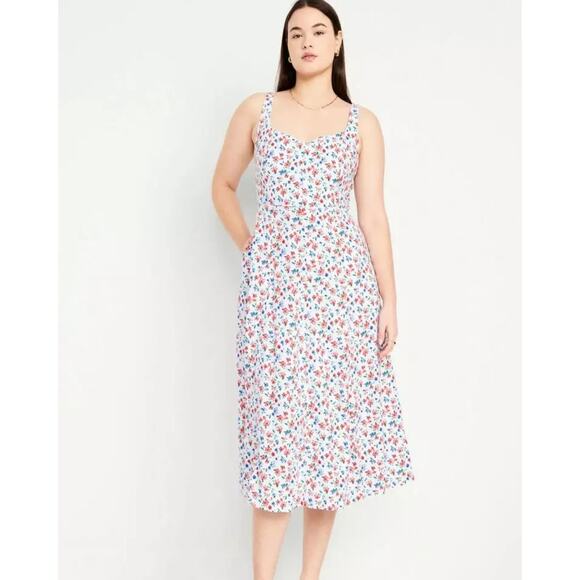 Old Navy Linen Blend Fit & Flare Floral Midi Dress Sz M Peasant Cottagecore - Picture 1 of 13